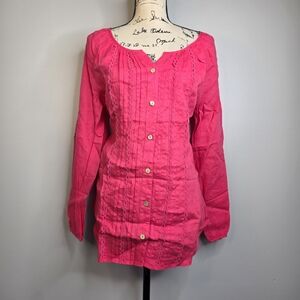 SOFT SURROUNDINGS Magenta Linen Pintuck Lace Trim Button Front Shirt sz M